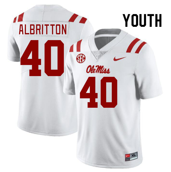 Youth #40 Jason Albritton Ole Miss Rebels College Football Jerseys Stitched-White